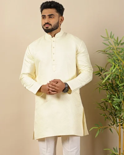 Ivory Textured Brocade Short Kurta