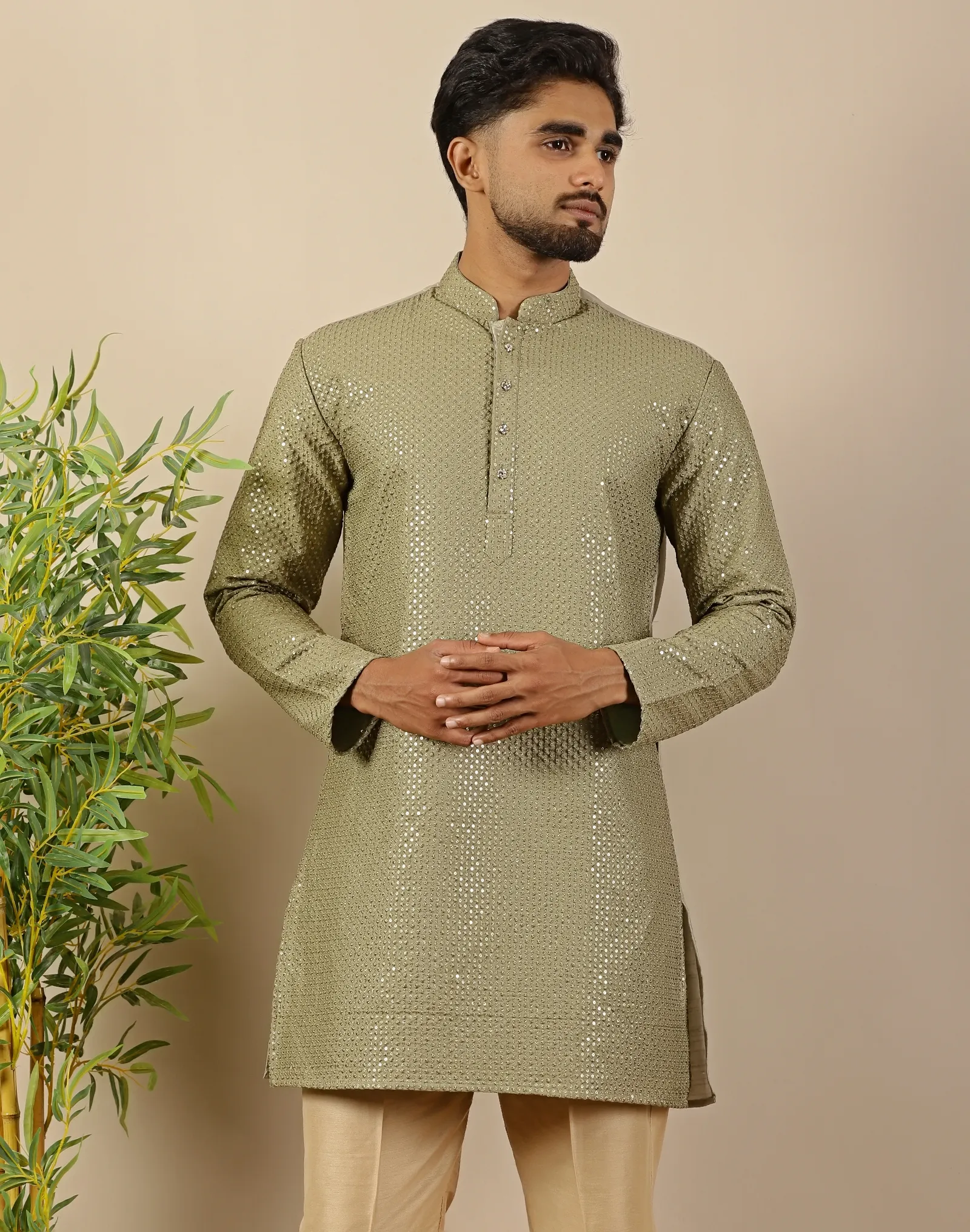 Olive Green Sequin Short Kurta - House of Cocoon (1)