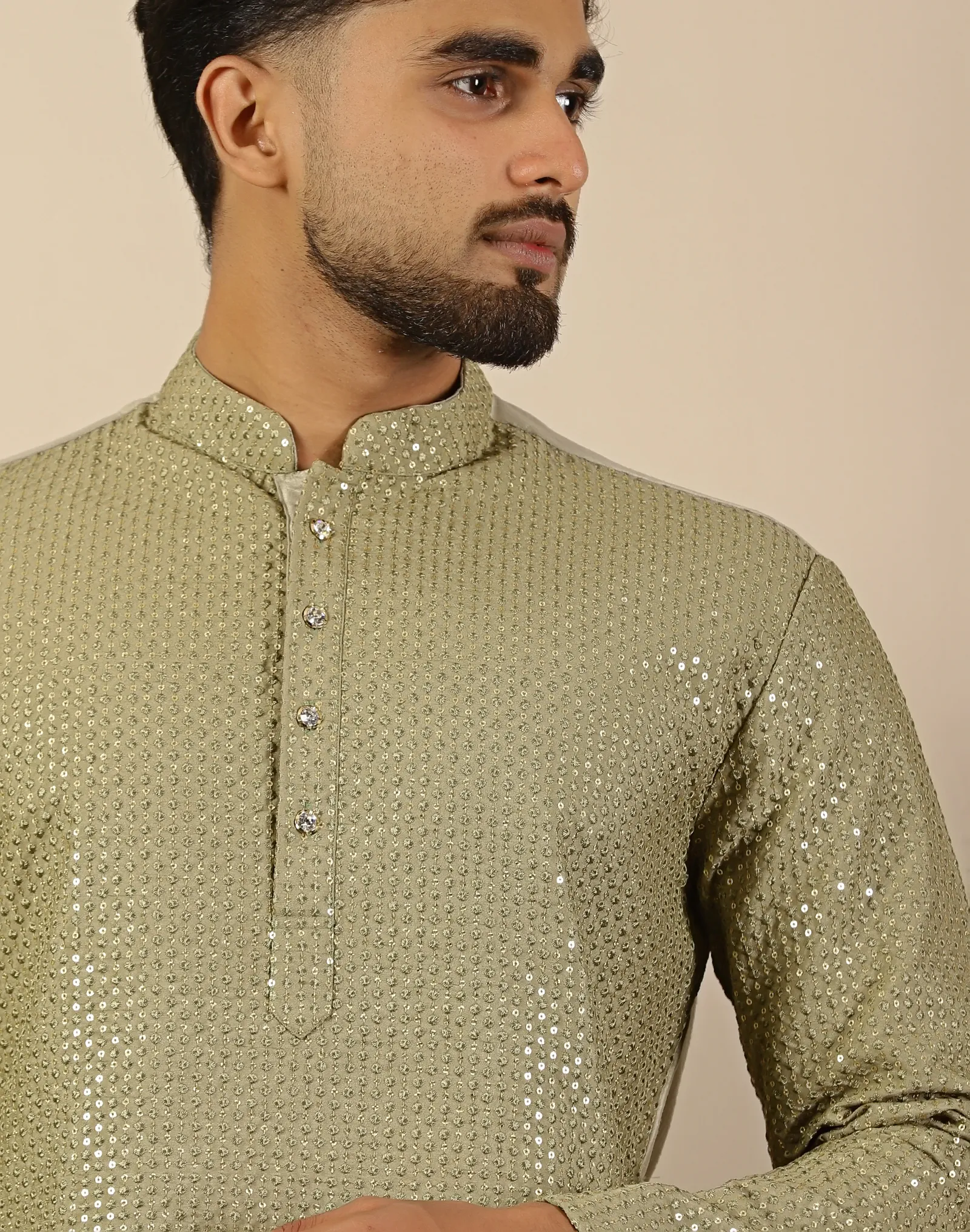 Olive Green Sequin Short Kurta - House of Cocoon (2)