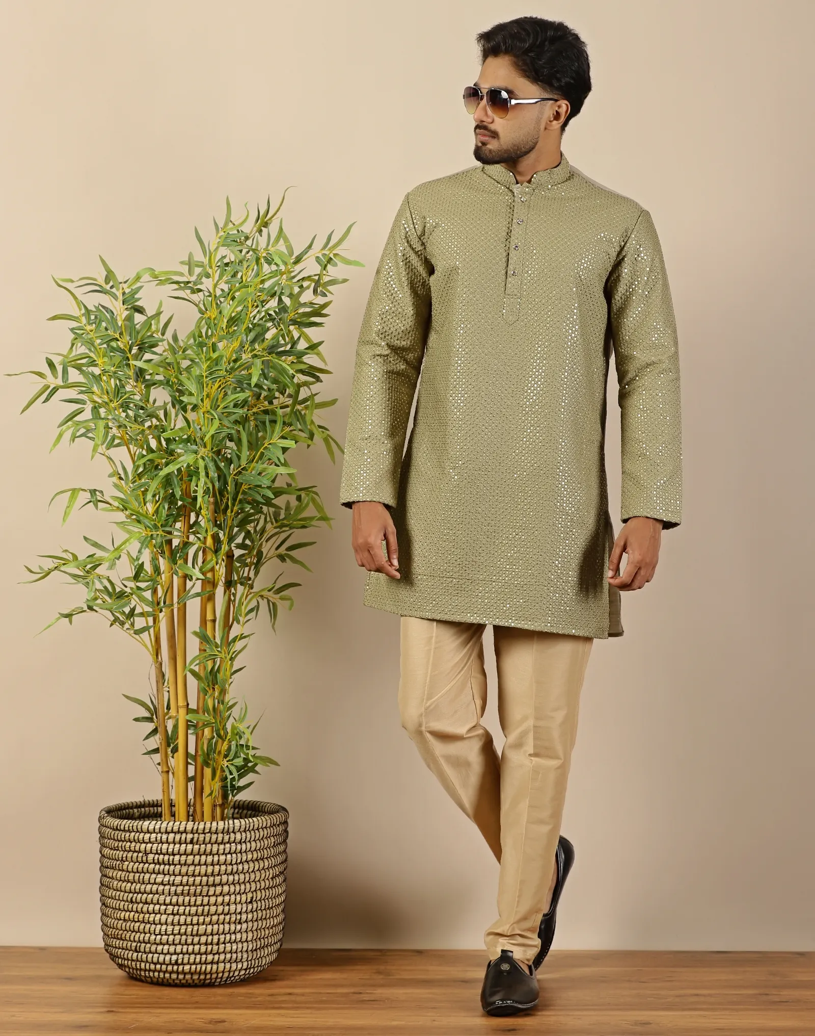 Olive Green Sequin Short Kurta - House of Cocoon (3)