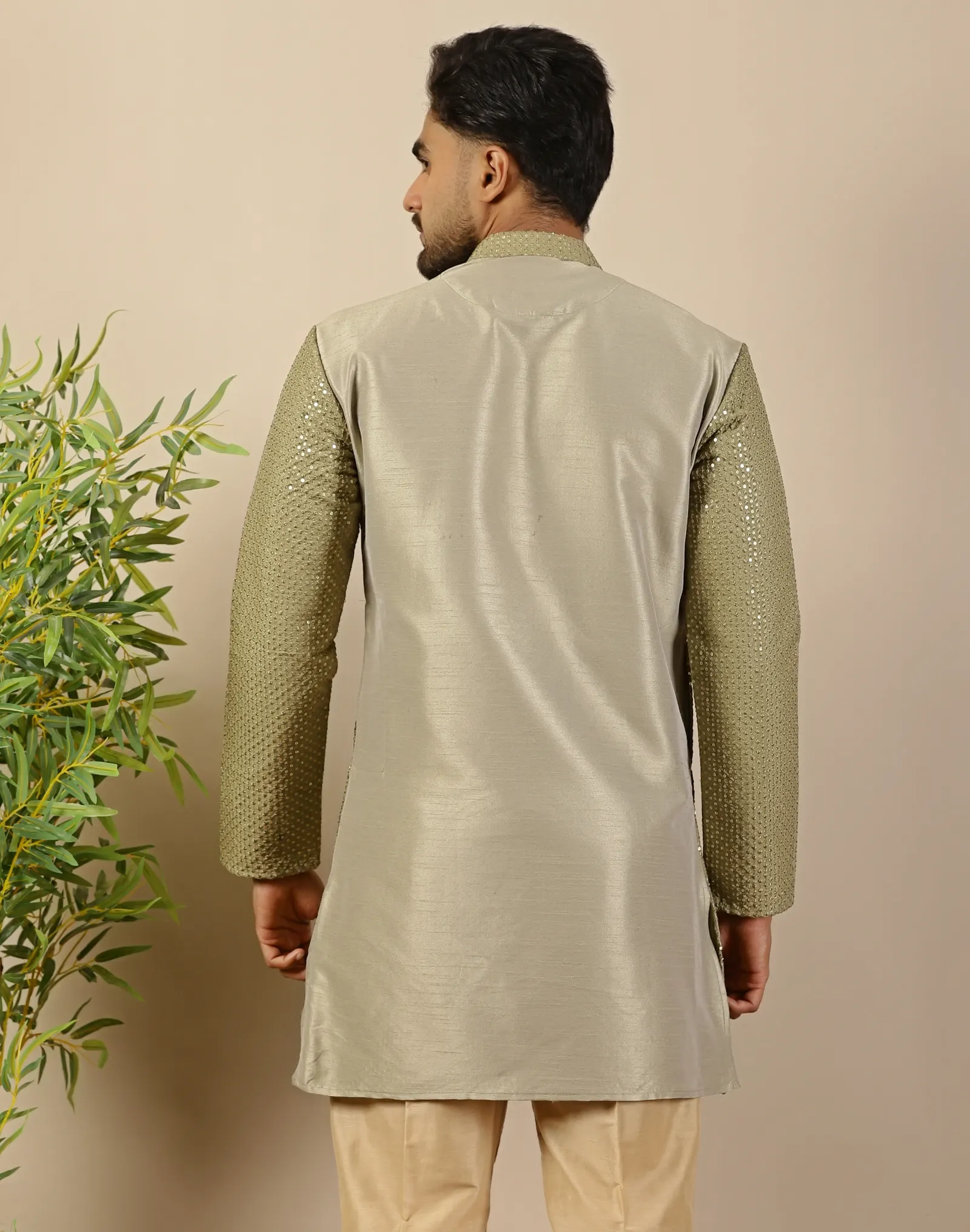Olive Green Sequin Short Kurta - House of Cocoon (4)