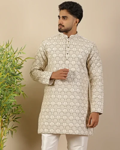 Antique Gold Scallop-Textured Silk Short Kurta