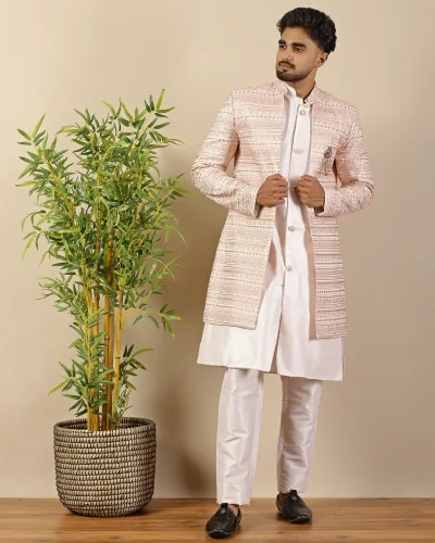 Blush Peach Thread Embroidery Textured Sherwani Set