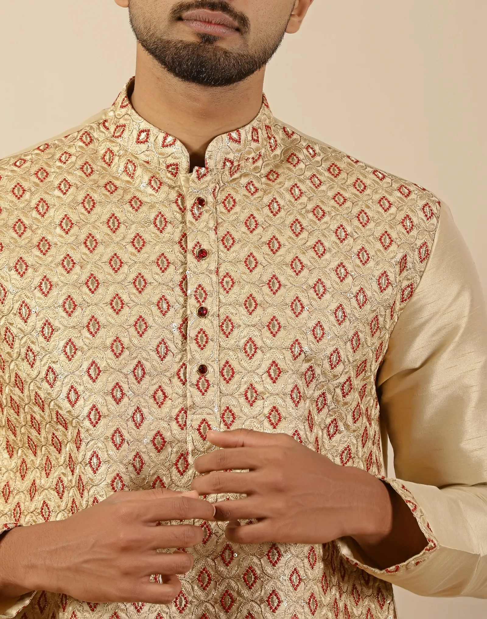 Gold With Maroon Motifs Embroidery Short Kurta - House of Cocoon (1)