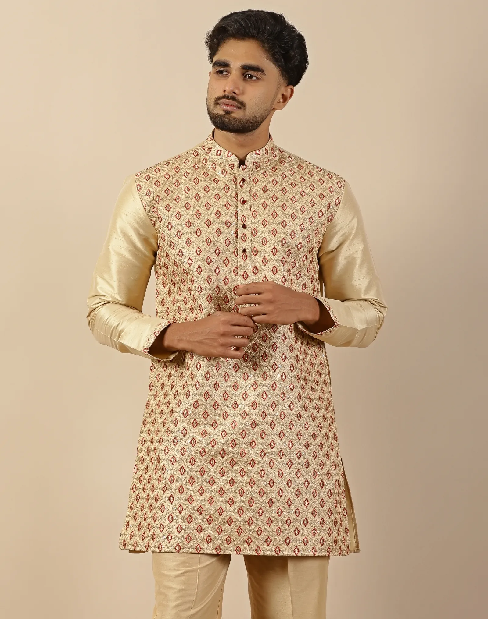 Gold With Maroon Motifs Embroidery Short Kurta - House of Cocoon (2)