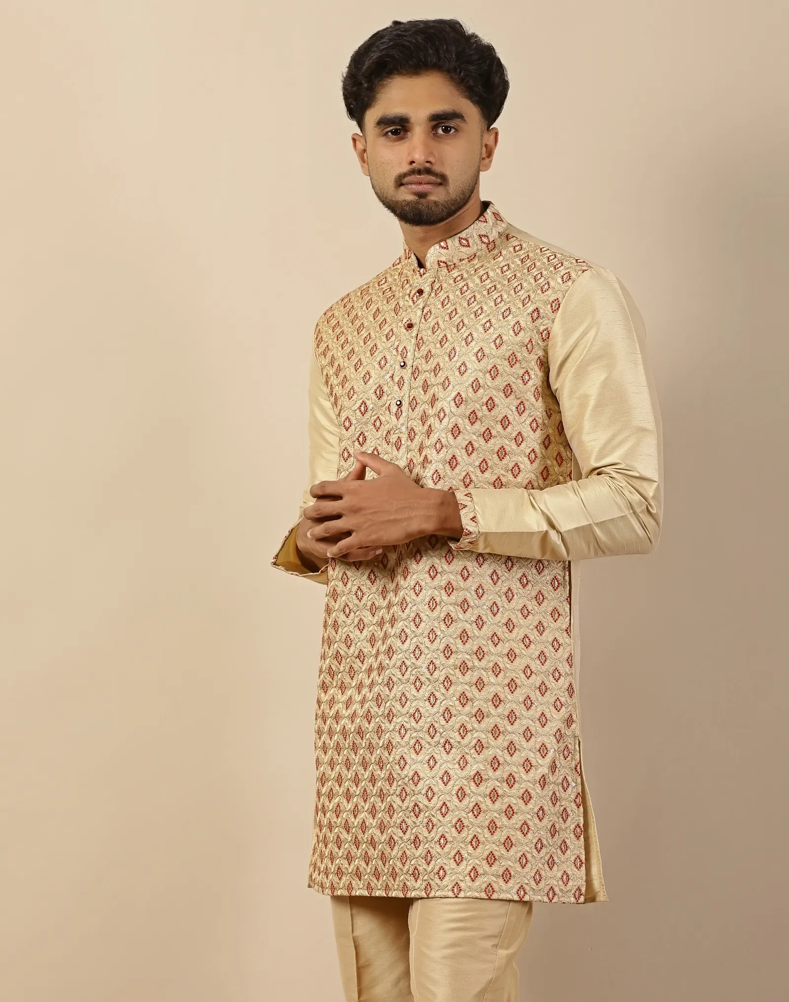 Gold With Maroon Motifs Embroidery Short Kurta - House of Cocoon (3)