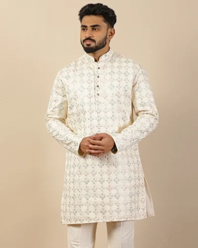 Ivory Embroidered Silk Short Kurta