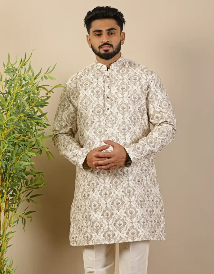 Ivory Embroidered Silk Short Kurta