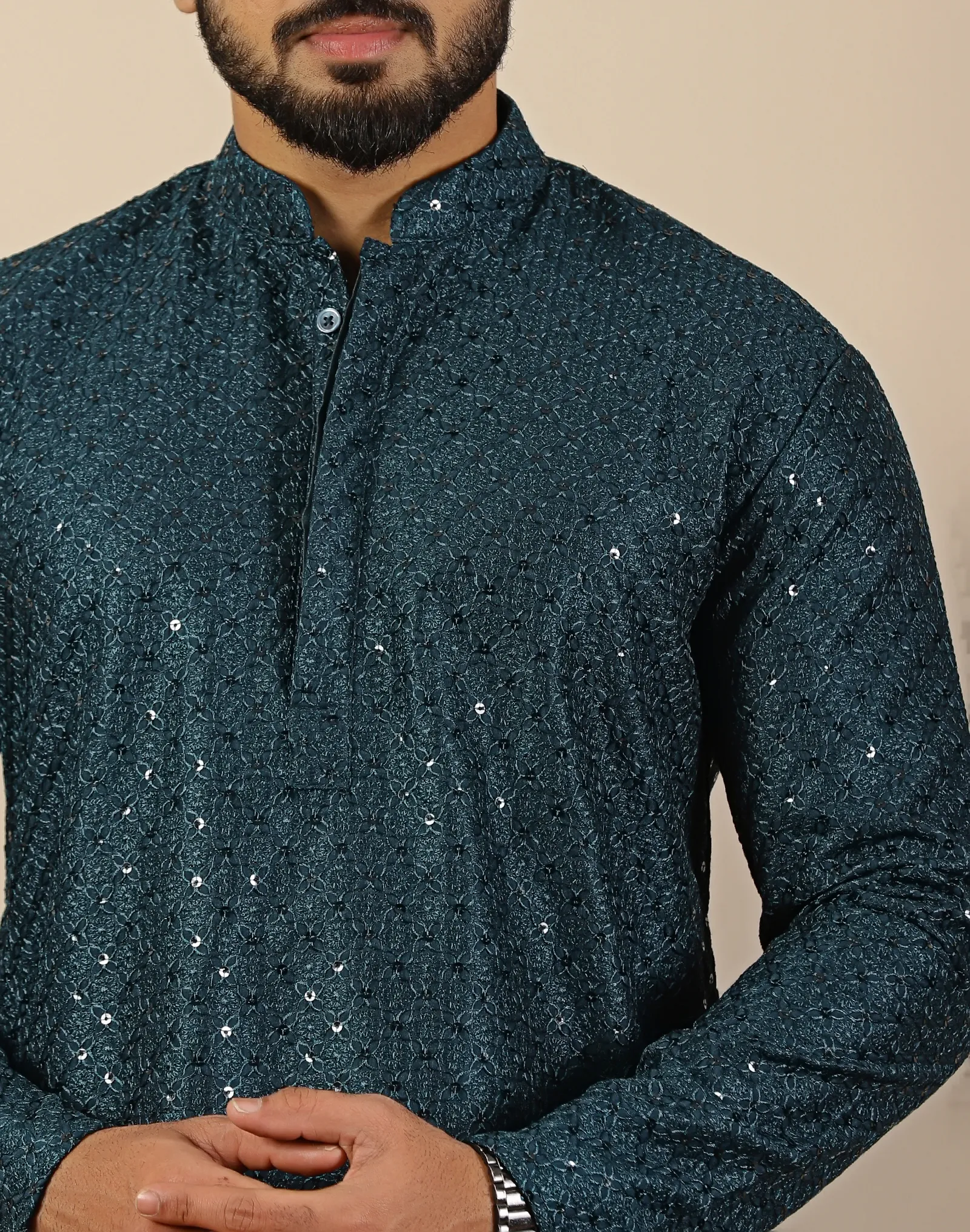 Midnight Teal Sequin Long Kurta - House of Cocoon (1)