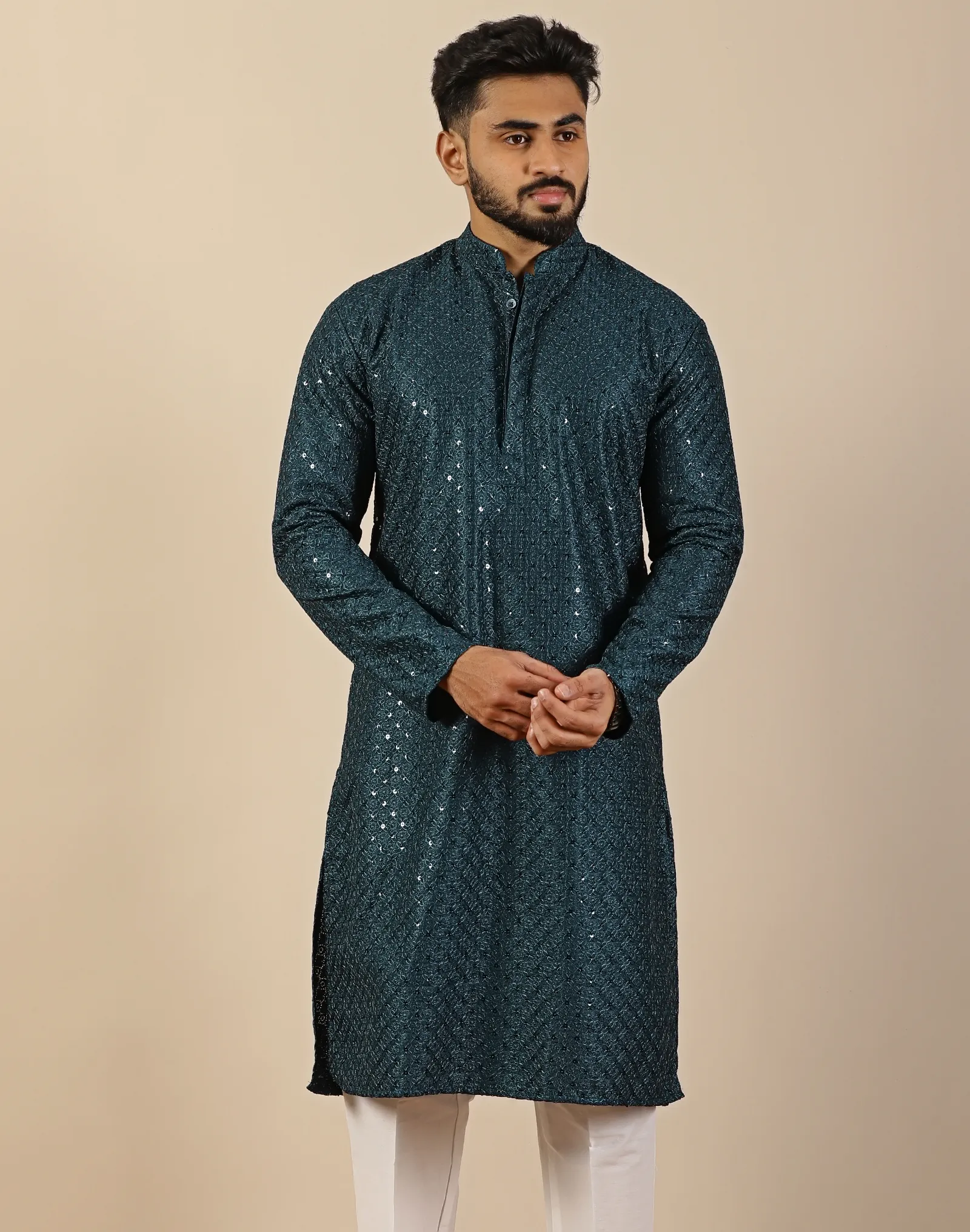 Midnight Teal Sequin Long Kurta - House of Cocoon (2)
