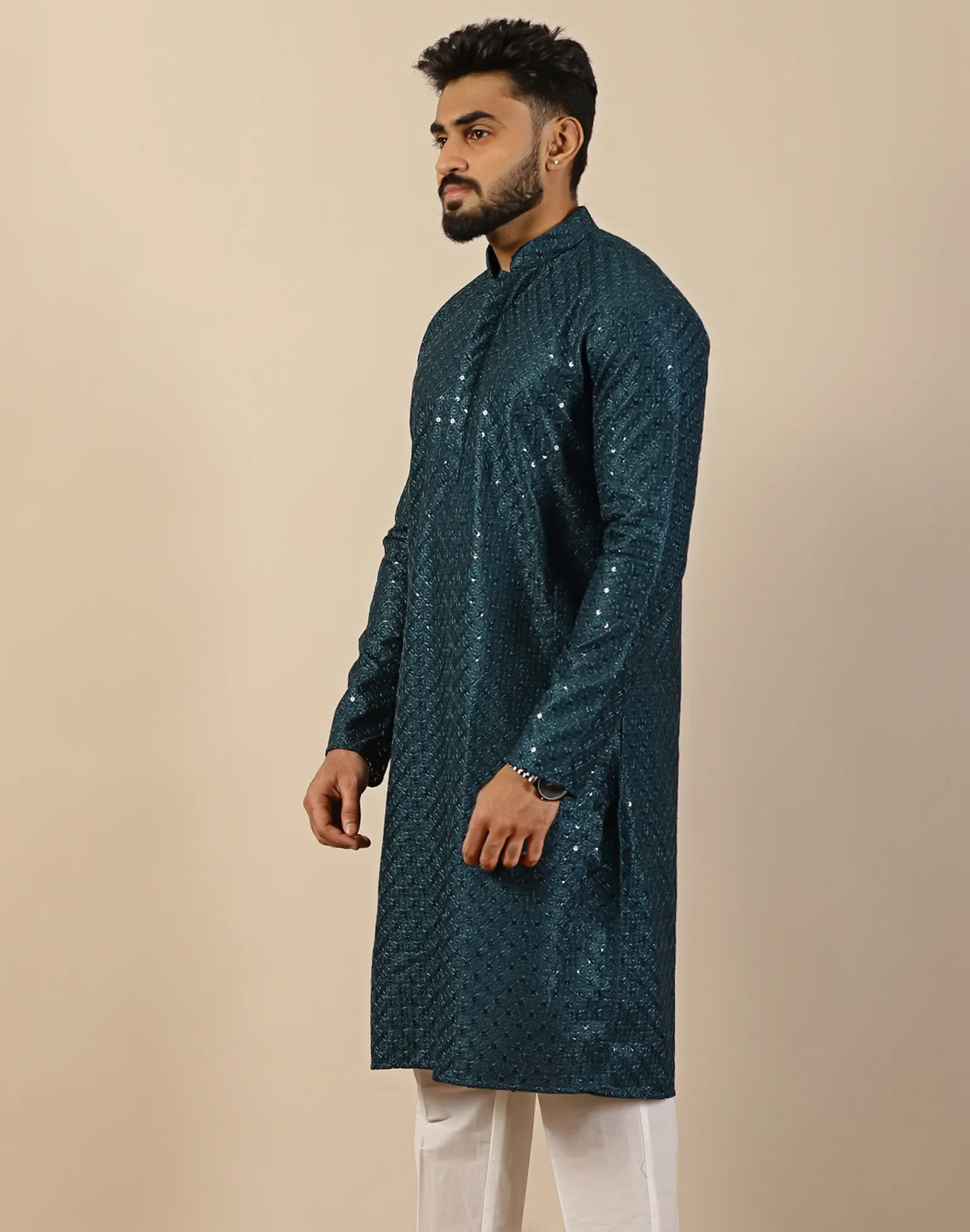 Midnight Teal Sequin Long Kurta - House of Cocoon (3)