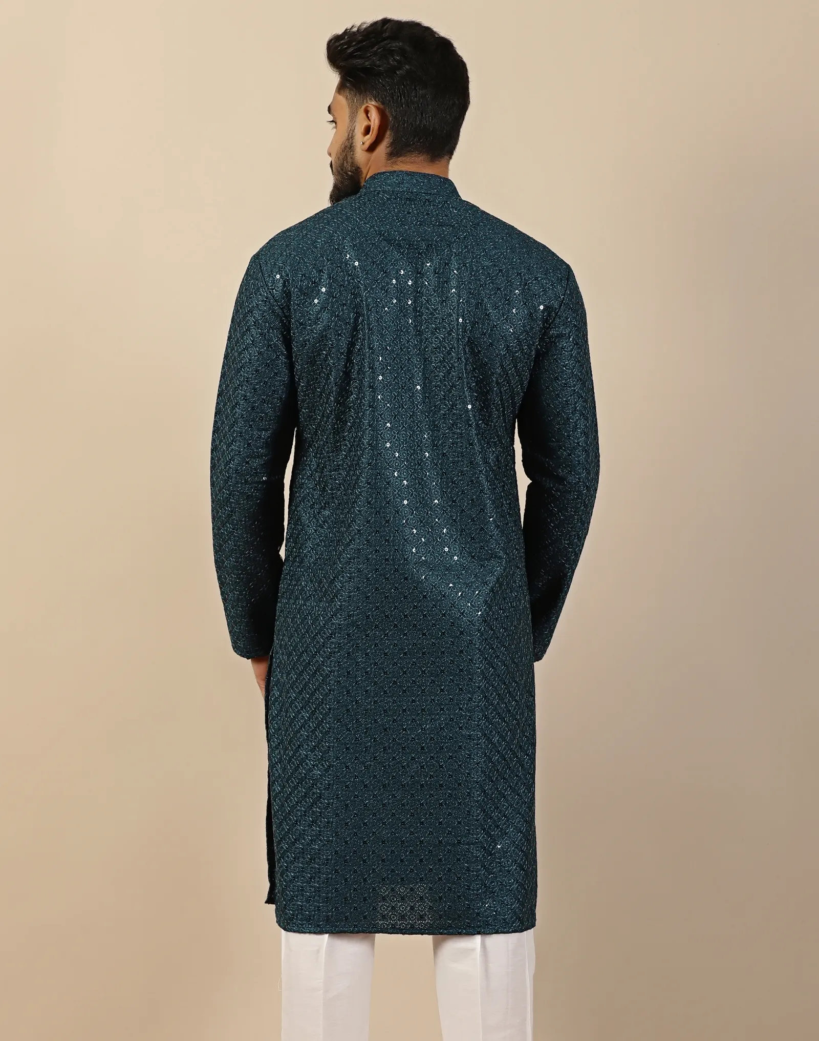 Midnight Teal Sequin Long Kurta - House of Cocoon (4)