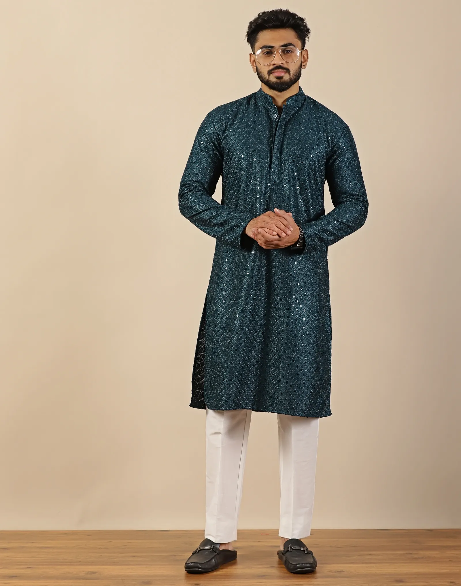 Midnight Teal Sequin Long Kurta - House of Cocoon (5)