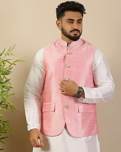 Rose Pink Textured Art Silk Nehru Jacket