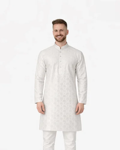 Maurya Vastra Classic White Designer Silk Jacquard Kurta