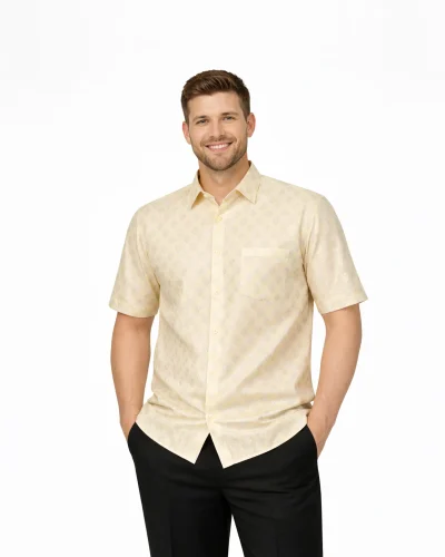 Maurya Vastra Ivory Designer Silk Brocade Half Sleeve Shirt