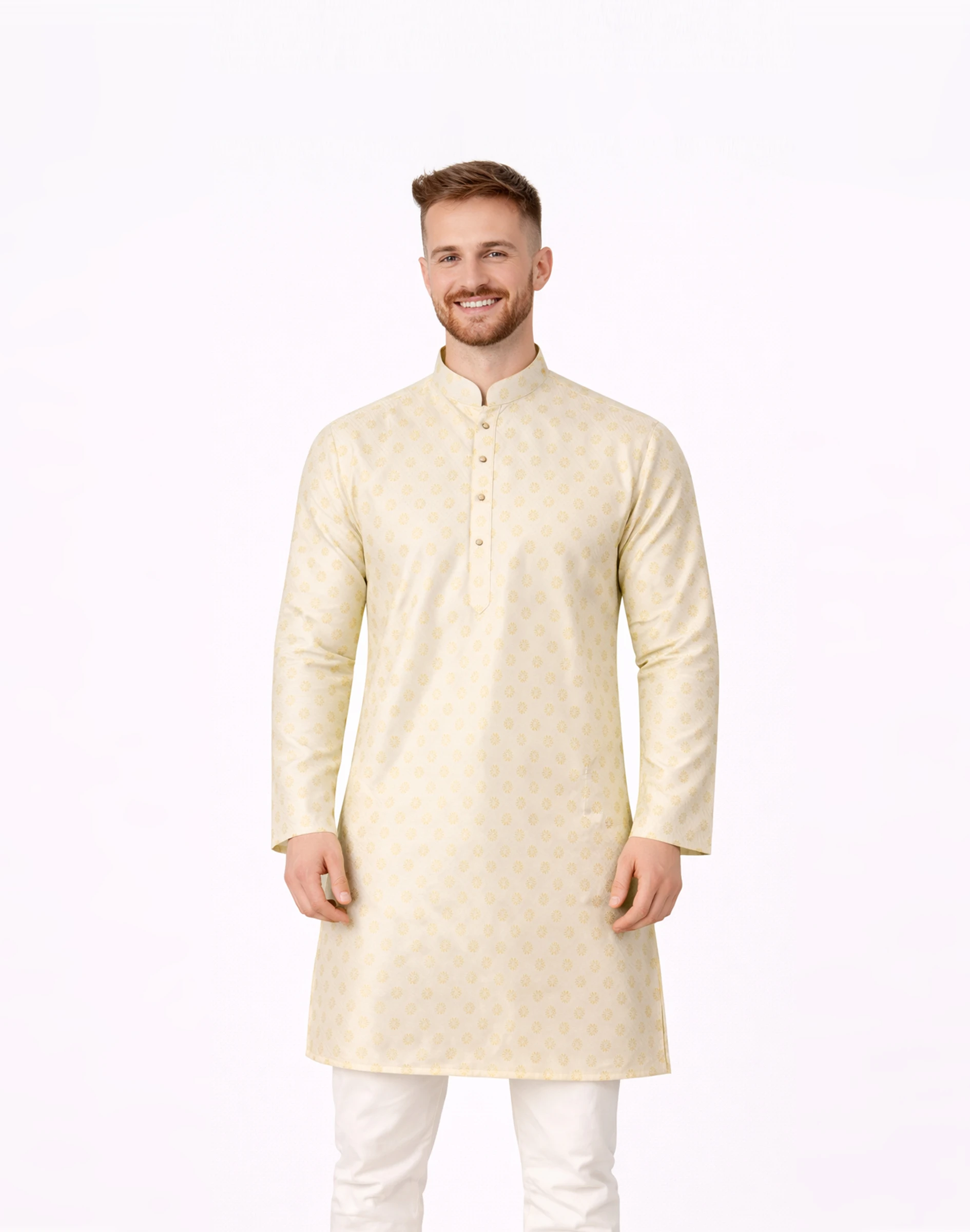 Maurya Vastra Ivory Gold Designer Brocade Short Kurta (1)