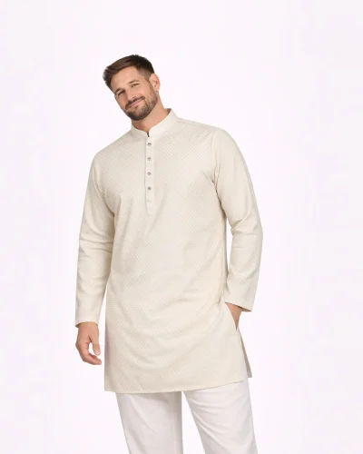Maurya Vastra Ivory Micro-Textured Mandarin Collar Kurta