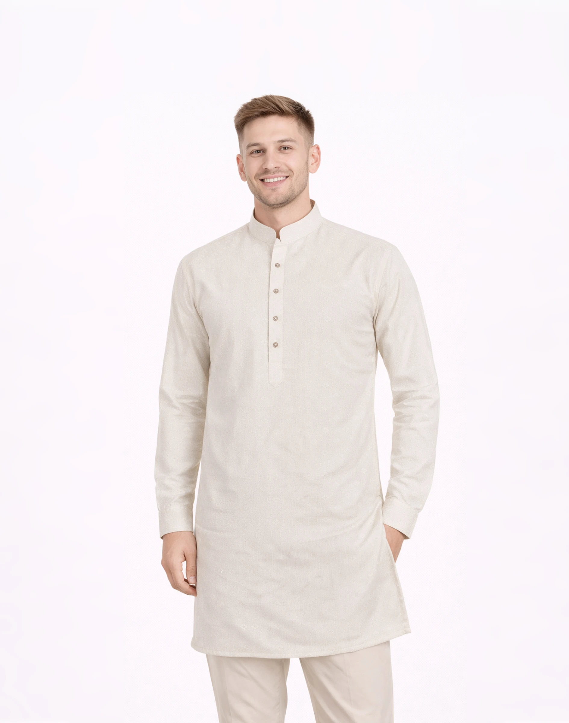 Maurya Vastra Ivory Textured Designer Silk Brocade Kurta (1)