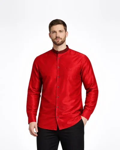 Maurya vastra Crimson Red Raw Silk Mandarin Collar Shirt