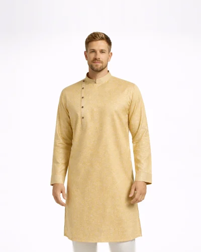 Maurya vastra Golden Beige Textured Mandarin Collar Designer Kurta