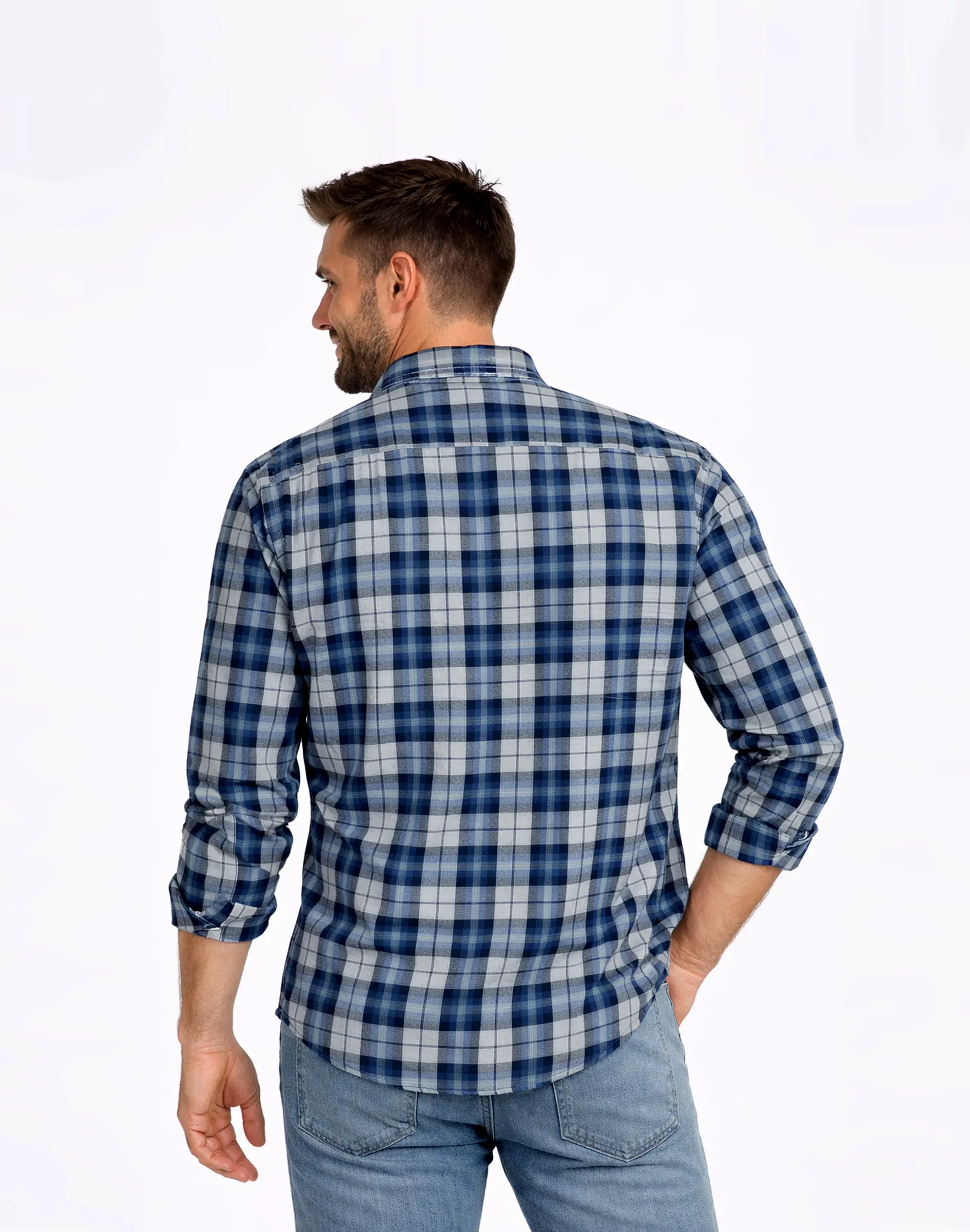 Warrior Blue & Grey Checked Slim Fit Casual Shirt (2)