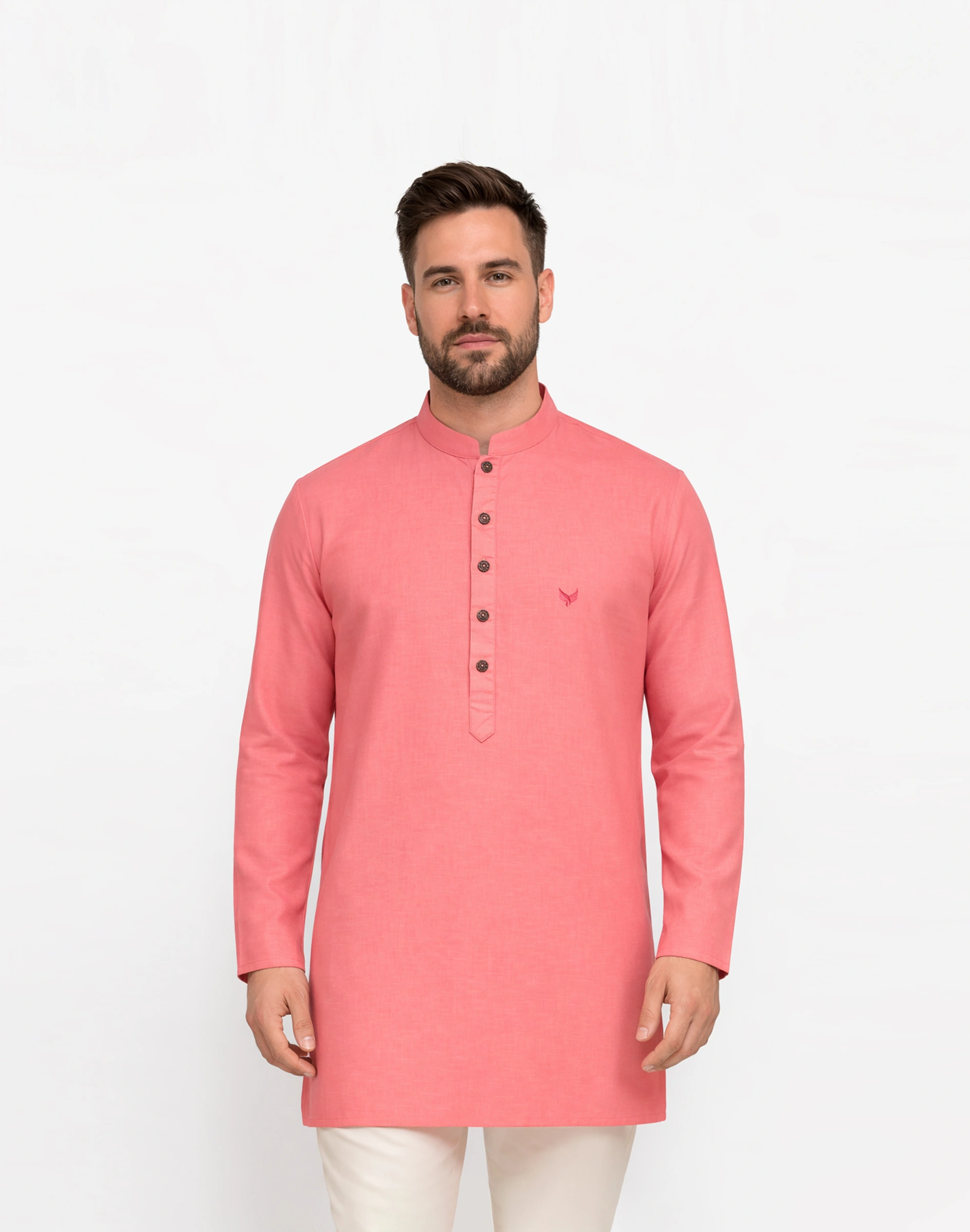 Warrior Coral Pink Cotton Mandarin Collar Kurta (1)