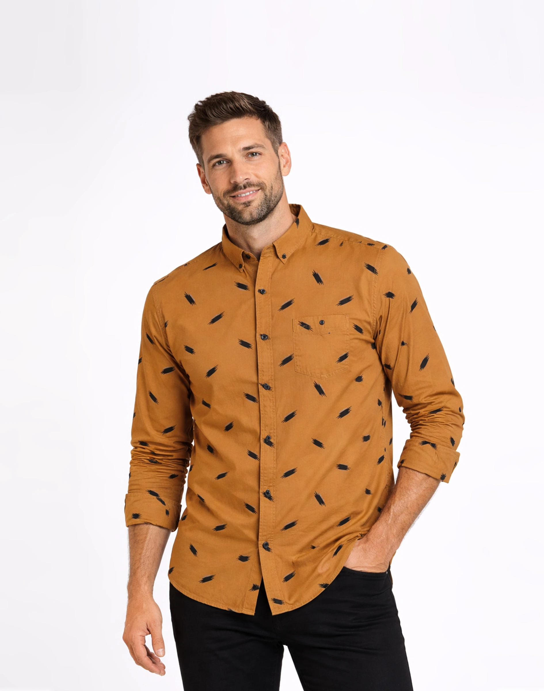 Warrior Mustard Printed Cotton Casual Full Sleeve Shirt (1)