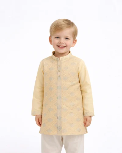 Maurya Vastra Boys Butter Yellow Diamond Textured Festive Kurta