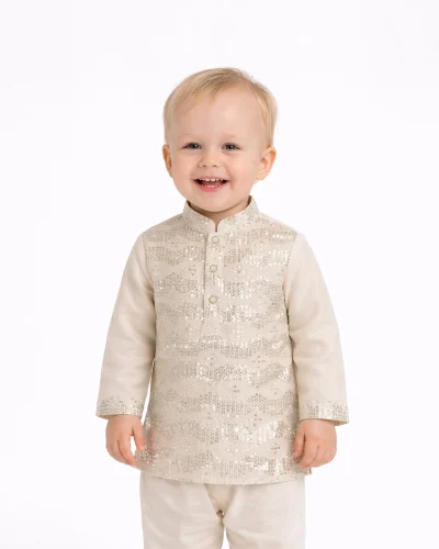 Boys Champagne Sequin Embellished Festive Kurta