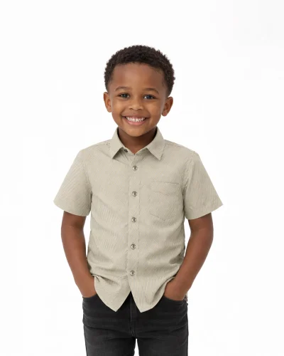 Boys Sage Green Striped Cotton Short Sleeve Shirt