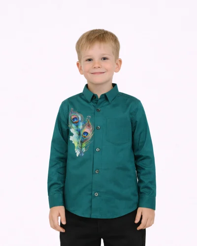 Jr. Warrior Peacock Feather Print Art Silk Shirt – Teal Green