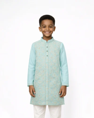Maurya Vastra Aqua Blue Embroidered Kids Kurta – Festive Elegance