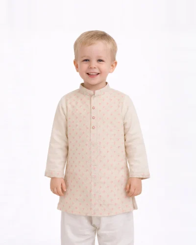 Maurya Vastra Boys Cream Diamond Weave Festive Kurta