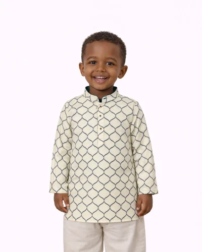 Maurya Vastra Boys Cream Geometric Brocade Festive Kurta