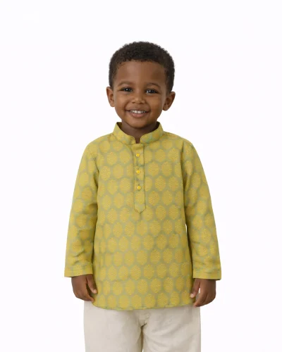 Maurya Vastra Boys Olive Green & Mustard Jacquard Festive Kurta