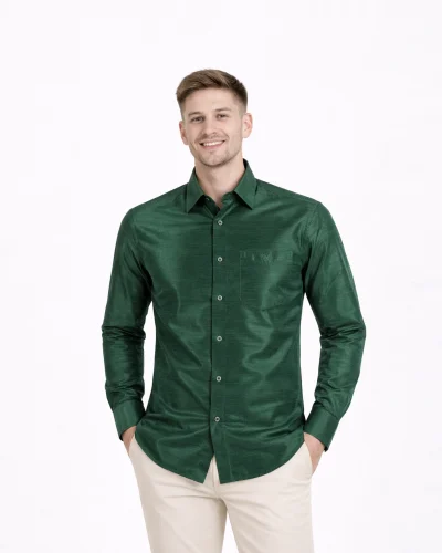 Maurya Vastra Deep Forest Green Raw Silk Classic Shirt