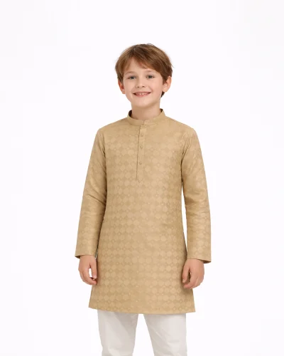 Maurya Vastra Golden Beige Textured Kids Festive Kurta