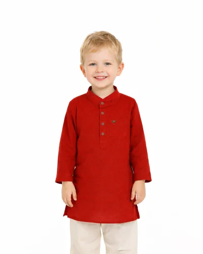 Maurya Vastra Kid’s Classic Red Cotton Mandarin Collar Kurta