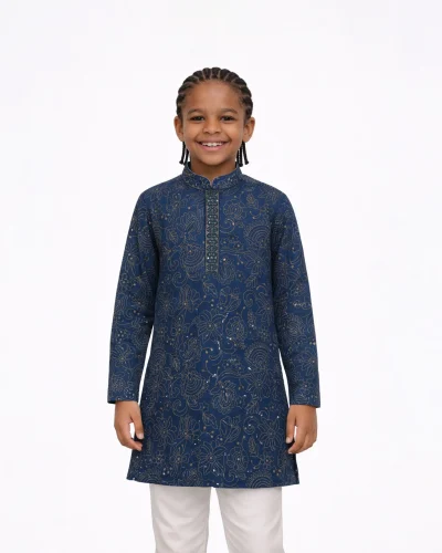 Maurya Vastra Kid’s Midnight Teal Blue Brocade Kurta
