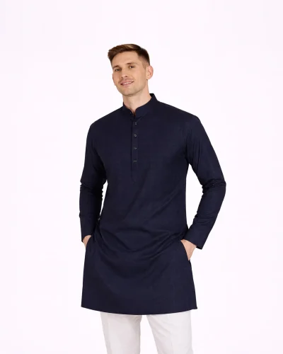 Maurya Vastra Navy Blue Self-Design Textured Designer Silk Kurta