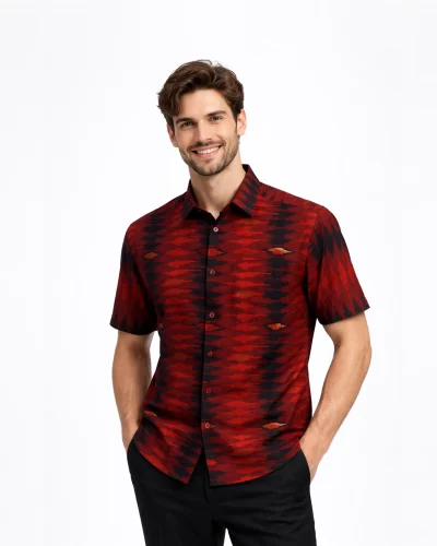 Maurya Vastra Red & Black Ikat Pattern Designer Silk Shirt