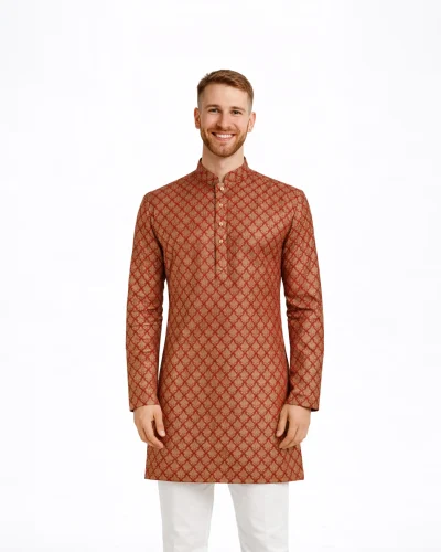 Maurya Vastra Red Gold Self-Design Brocade Designer Silk Kurta