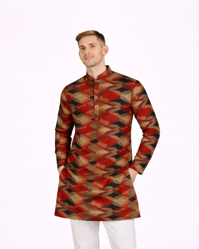 Maurya Vastra Red Multicolor Ikat Pattern Raw Silk Kurta