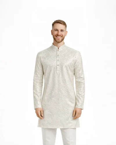 Maurya Vastra White Floral Self-Design Raw Silk Kurta