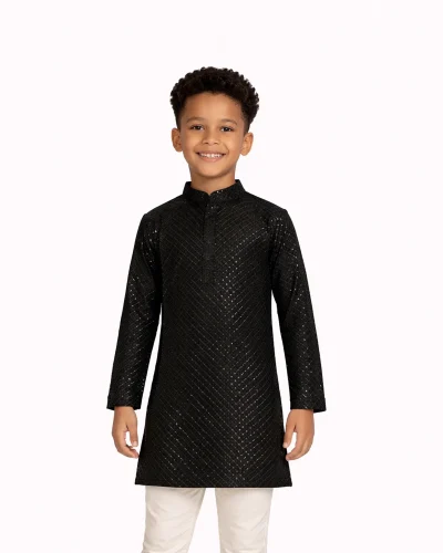 Maurya Vastra Midnight Black Textured Kids Kurta set  – Premium Festive Wear