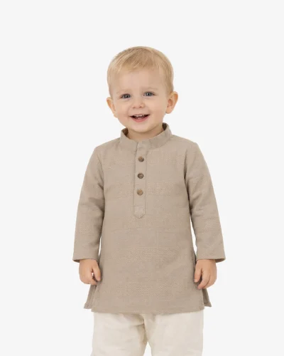 Warrior Kid’s Beige Textured Cotton Mandarin Collar Kurta
