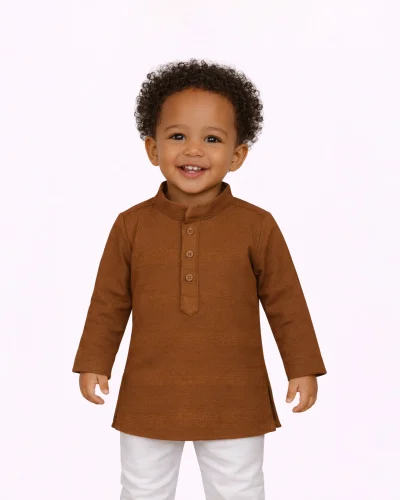 Warrior Kid’s Brown Textured Cotton Mandarin Collar Kurta
