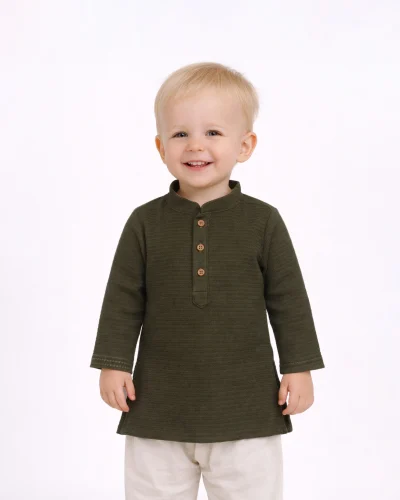 Warrior Kid’s Olive Green Textured Cotton Kurta