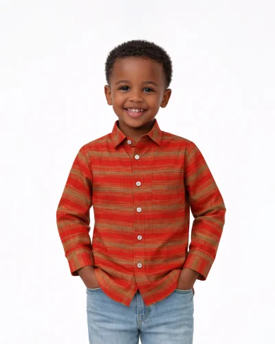 Warrior Kid’s Red Striped Full Sleeve Ethnic Silk Shirt